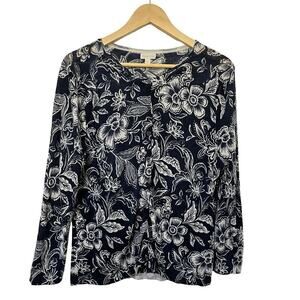 Garnet Hill Signature‎ Eco Merino Wool Floral Cardigan Size L Button Down Fitted